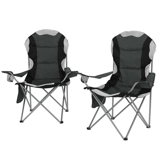 Grey folding camp chairs with armrests and powder coated steel frames set of two