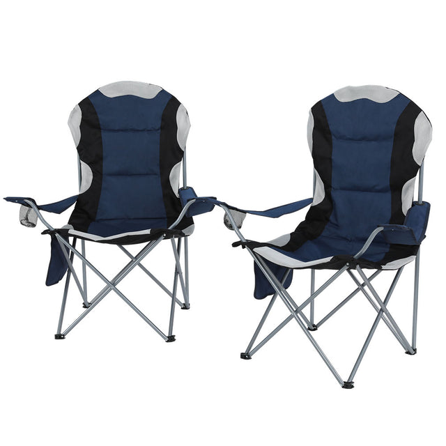 Navy folding camp chairs with armrests and powder coated steel frames set of two