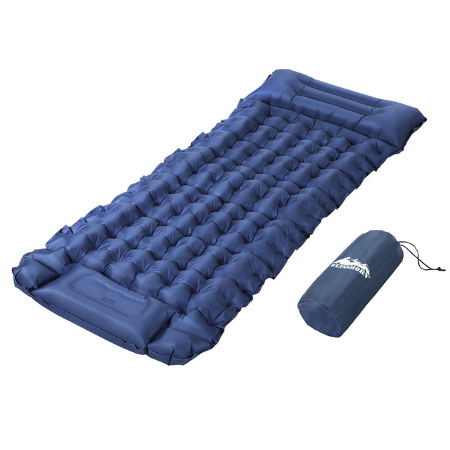 Blue 9cm thick single self inflating mattress with pillow and carry bag