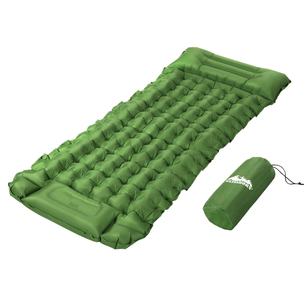 Green 9cm thick single self inflating mattress with pillow and carry bag
