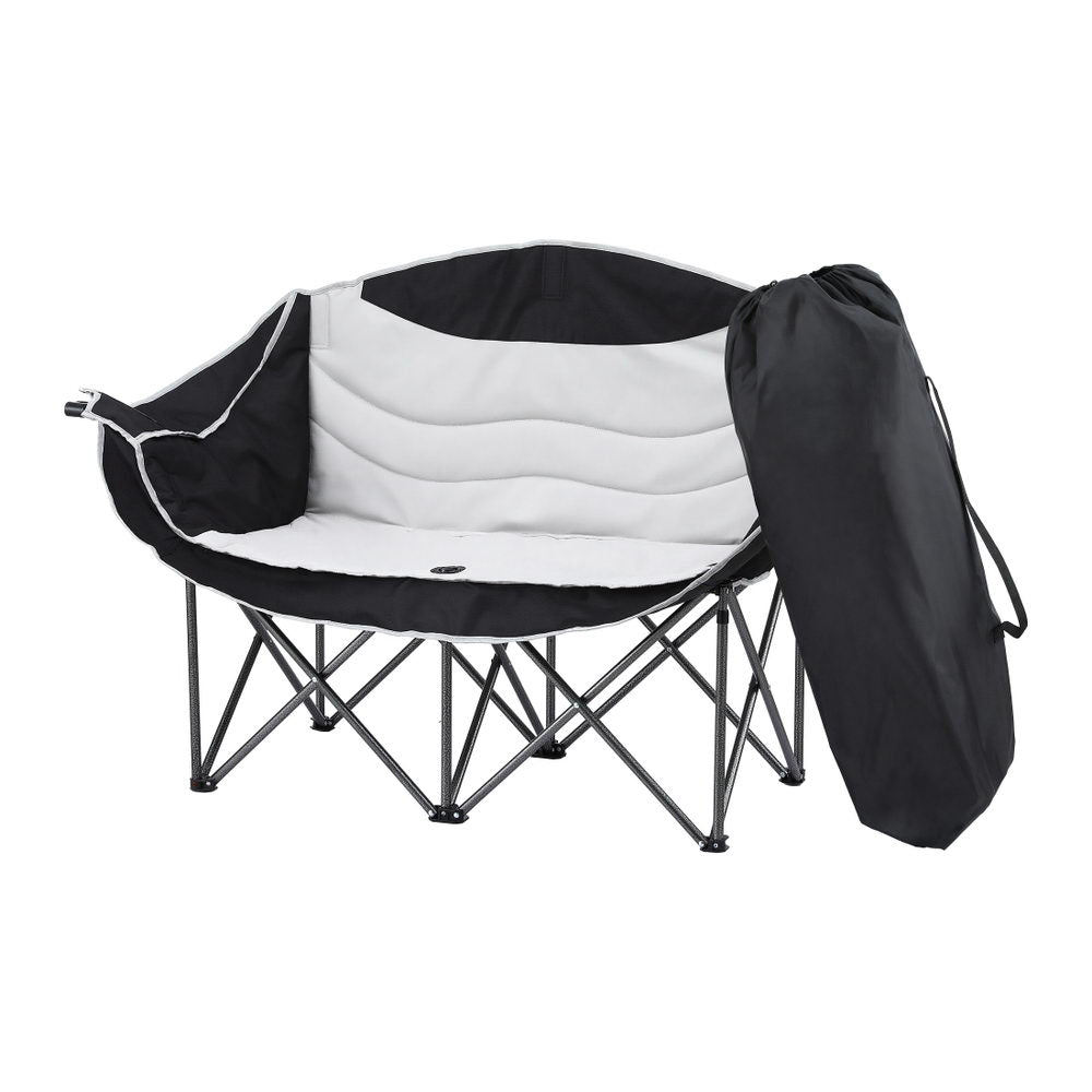 Double folding moon chair seating two people with curved iron frame