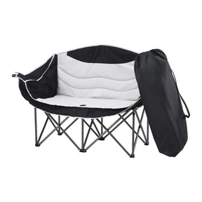 Double folding moon chair seating two people with curved iron frame