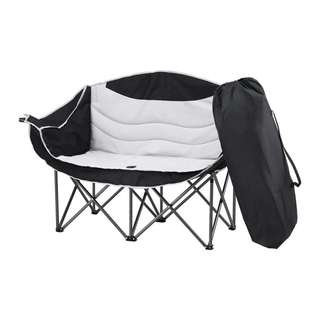 Double folding moon chair seating two people with curved iron frame