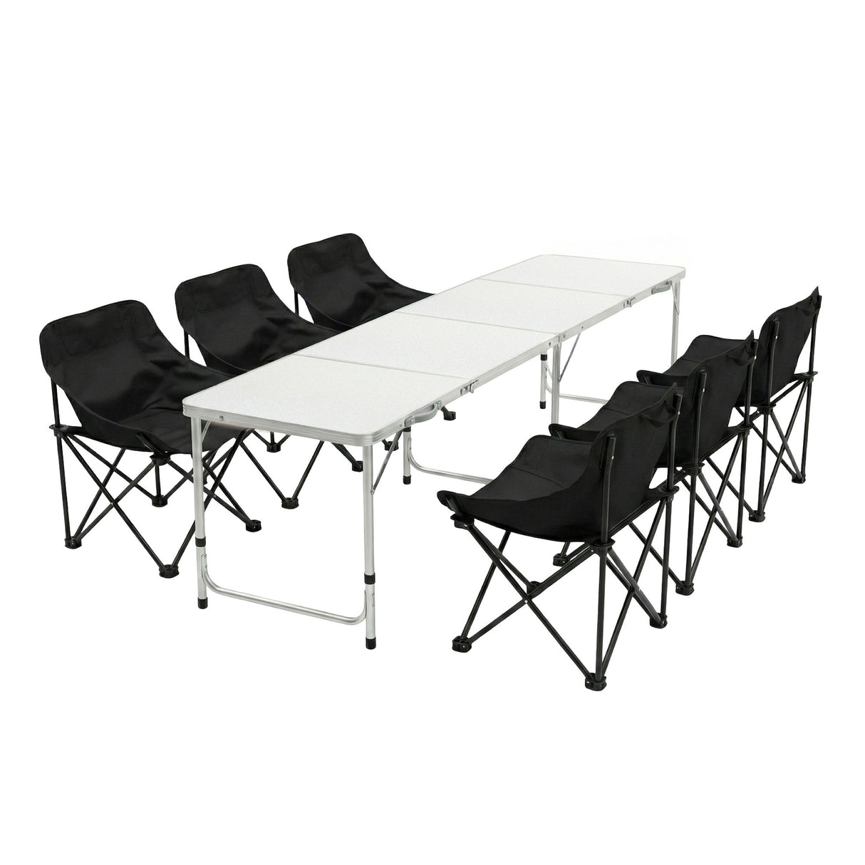 Seven piece camp set with folding table and six chairs arranged outdoors