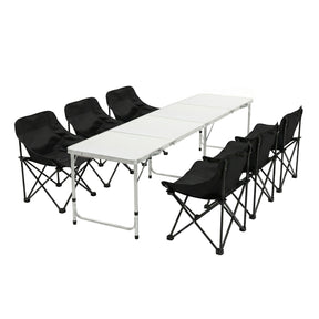 Seven piece camp set with folding table and six chairs arranged outdoors