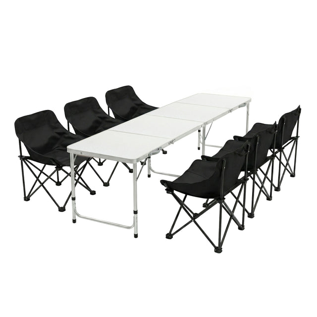 Seven piece camp set with folding table and six chairs arranged outdoors