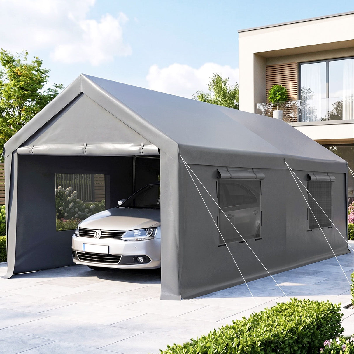 Grey 3 x 6 m carport canopy tent with mesh side walls set up outdoors