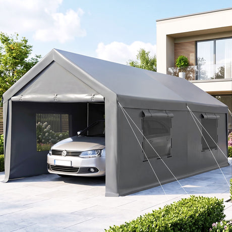 Grey 3 x 6 m carport canopy tent with mesh side walls set up outdoors