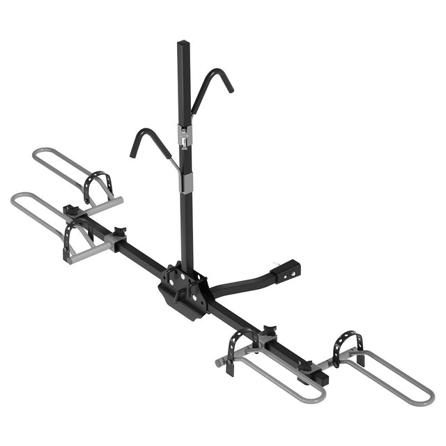 Black foldable two bike hitch carrier rack mounted on a car towbar