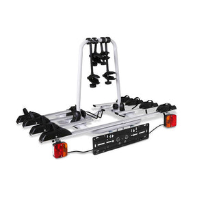 Black and silver towbar rack carrying four bikes with tail lights