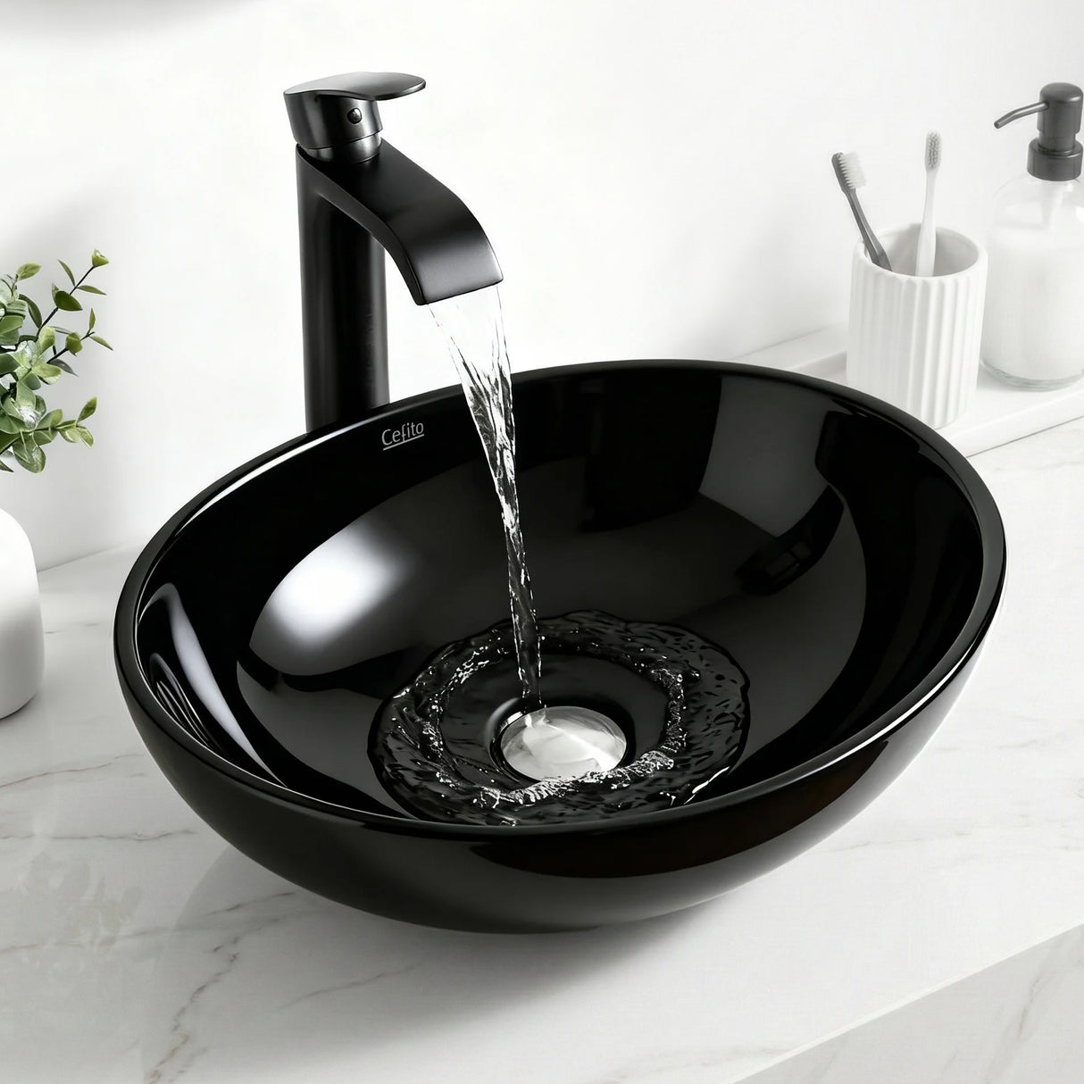 Oval ceramic vessel basin in high gloss black, 41cm above counter basin