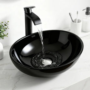 Oval ceramic vessel basin in high gloss black, 41cm above counter basin