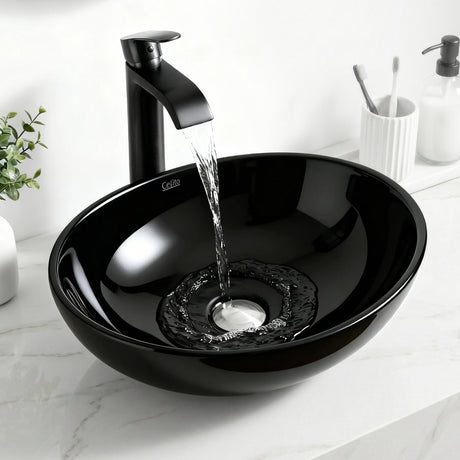 Oval ceramic vessel basin in high gloss black, 41cm above counter basin