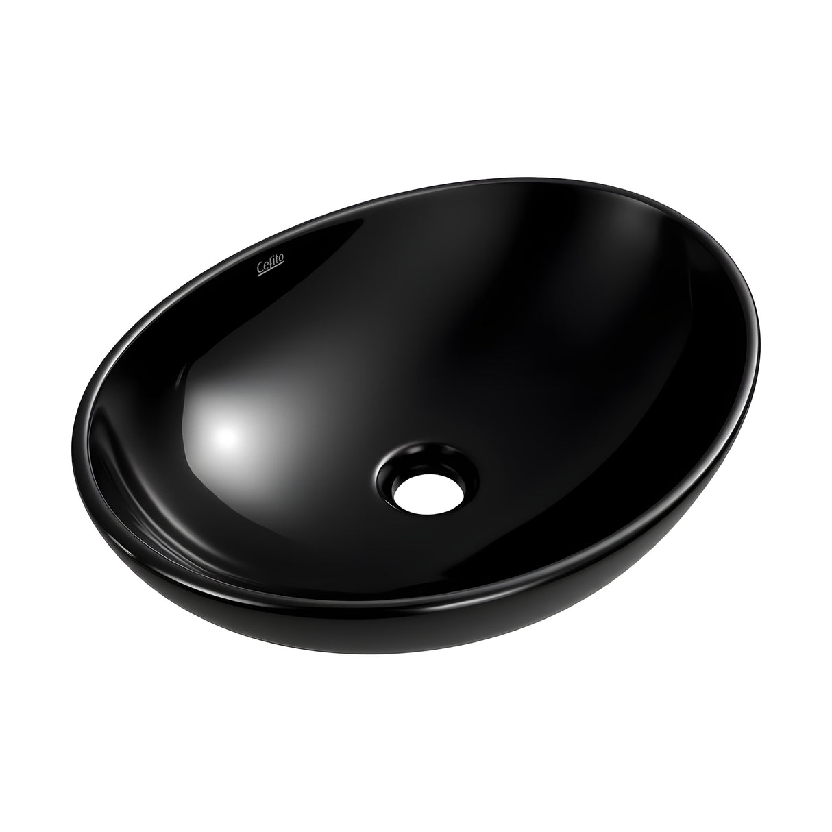 Gloss black oval ceramic above counter basin, front view, 41x34cm