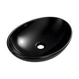 Gloss black oval ceramic above counter basin, front view, 41x34cm