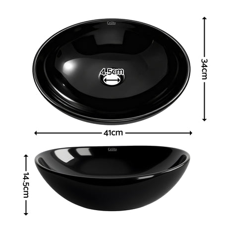 High gloss black oval vessel basin, side profile