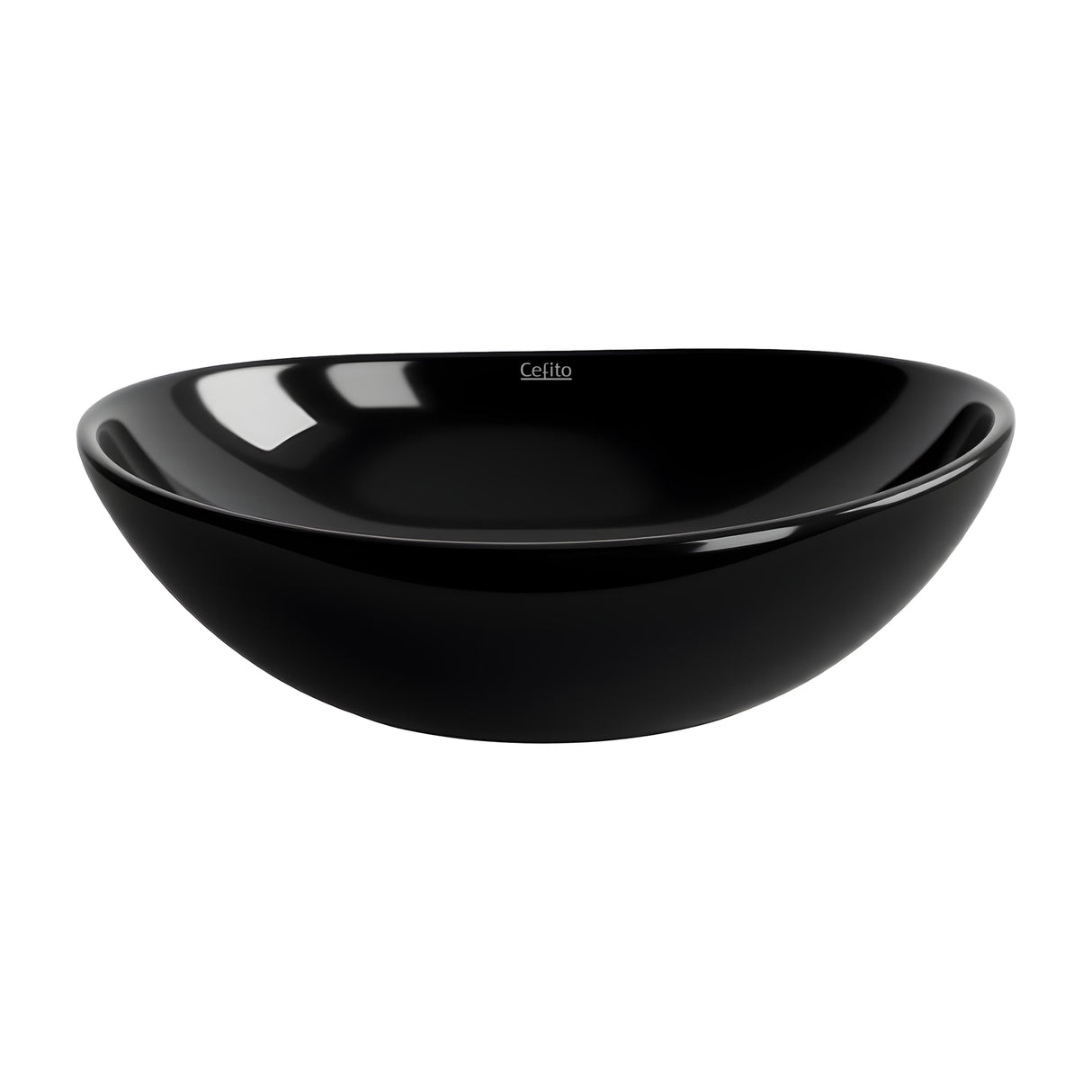 Top view of black oval ceramic basin showing centre drain hole