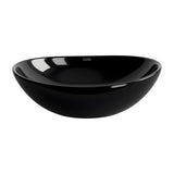 Top view of black oval ceramic basin showing centre drain hole