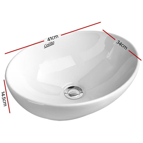 White oval ceramic vanity basin, side profile