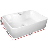 White ceramic vanity wash basin, 48x38cm, side profile