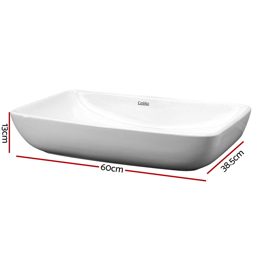 Wide white ceramic above counter basin, front view, 60x38cm