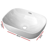 White high gloss oval ceramic above counter basin, front view, 46x33cm