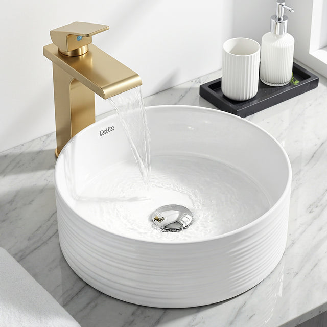 Round ceramic vessel basin in gloss white with ribbed exterior, 36cm above counter basin