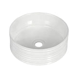White ribbed round ceramic above counter basin, front view, 36cm