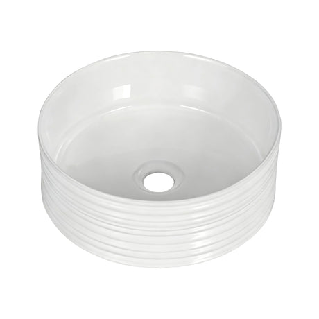 White ribbed round ceramic above counter basin, front view, 36cm