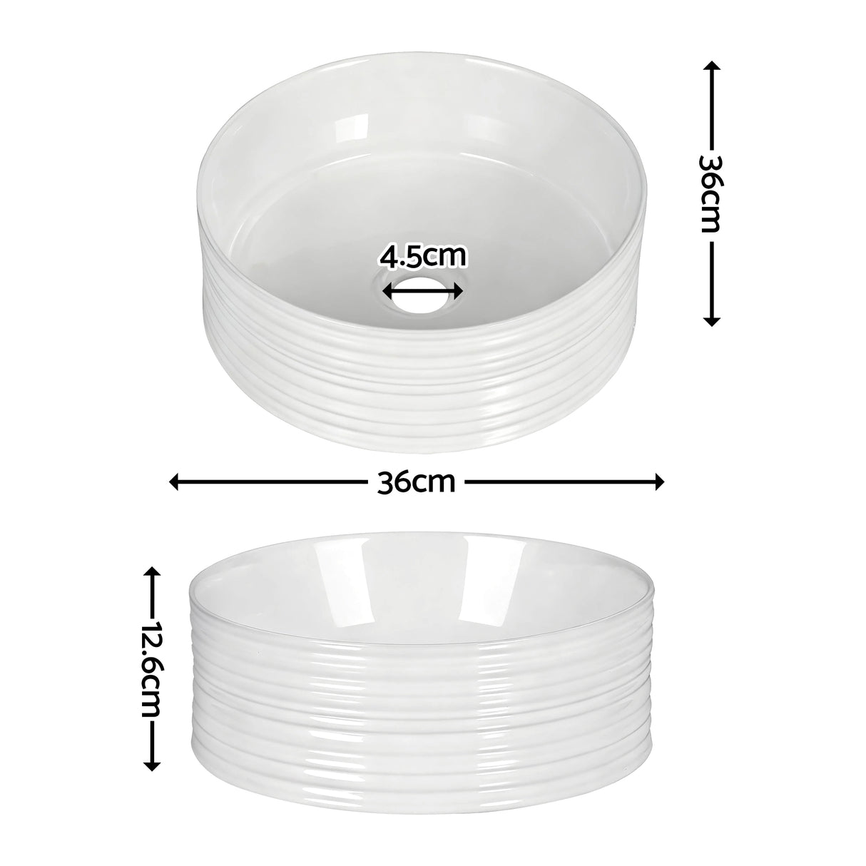 Gloss white round vessel basin with fluted ribbed sides, side profile
