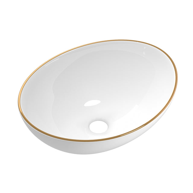 Round above counter ceramic basin in white with gold line detail, 41x34cm