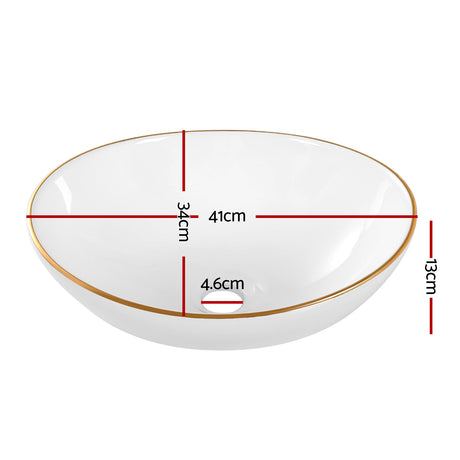 White ceramic round basin with gold rim line, front view, 41cm