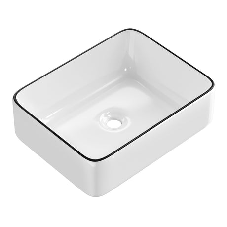 Above counter ceramic basin in white with black line detail, 48x37cm