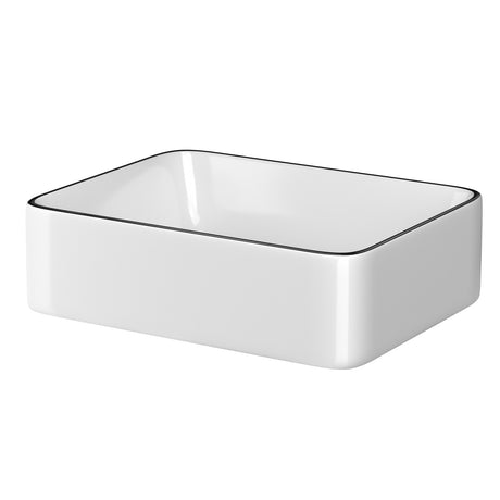 White ceramic basin with black line detail, side profile