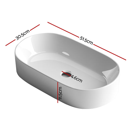 White nano glazed ceramic above counter basin, front view, 52x31cm