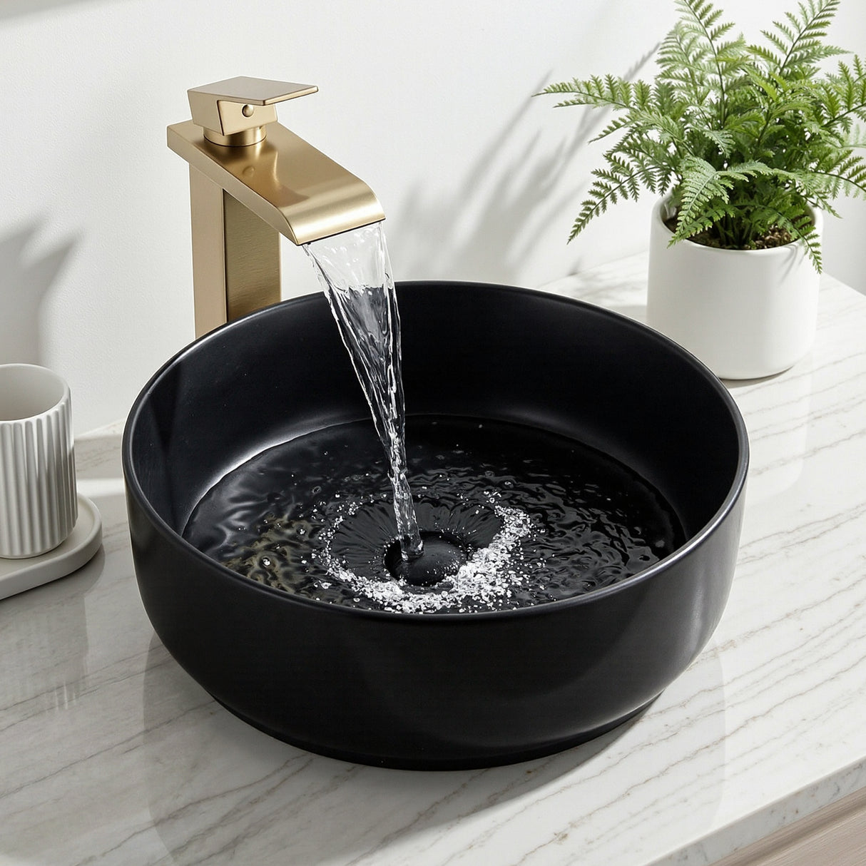 Round ceramic vessel basin in matte black, 35.5cm above counter basin