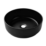 Matte black round ceramic above counter basin, front view, 35.5cm