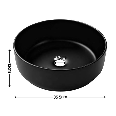 Matte black round vessel basin, side profile