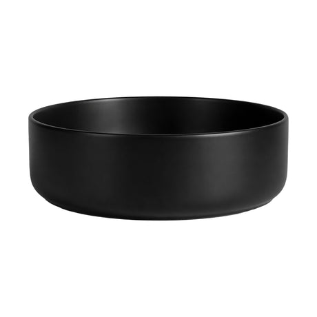 Top view of matte black round ceramic basin showing centre drain hole