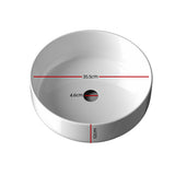 White high gloss round ceramic above counter basin, front view, 35.5cm