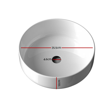White high gloss round ceramic above counter basin, front view, 35.5cm