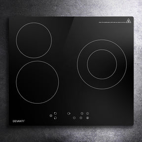 Black 60 cm ceramic cooktop with three burners and touch controls