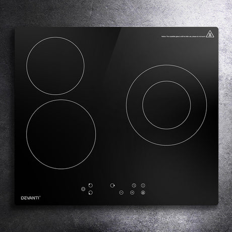 Black 60 cm ceramic cooktop with three burners and touch controls