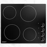 Black 60 cm ceramic cooktop with four zones and side knobs, top view