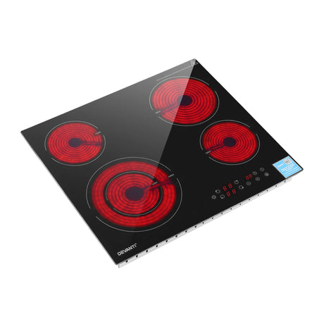 Cooking zone layout showing burner sizes on the black cooktop