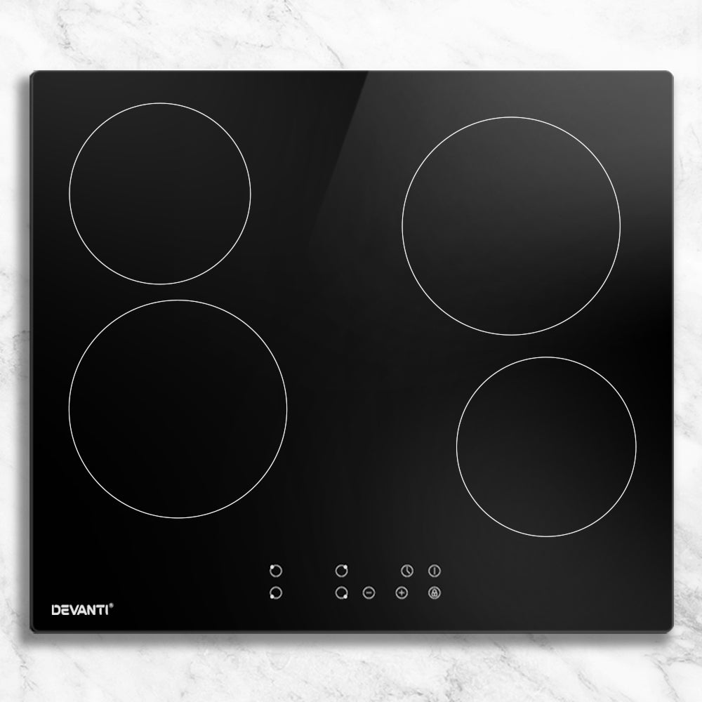 Black 60 cm ceramic cooktop with four zones and touch controls