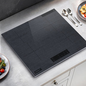 Grey brushed effect 60 cm ceramic cooktop with four zones, top view