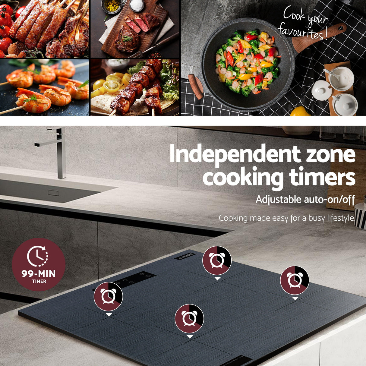 Underside of the cooktop showing heating elements and cooling fan