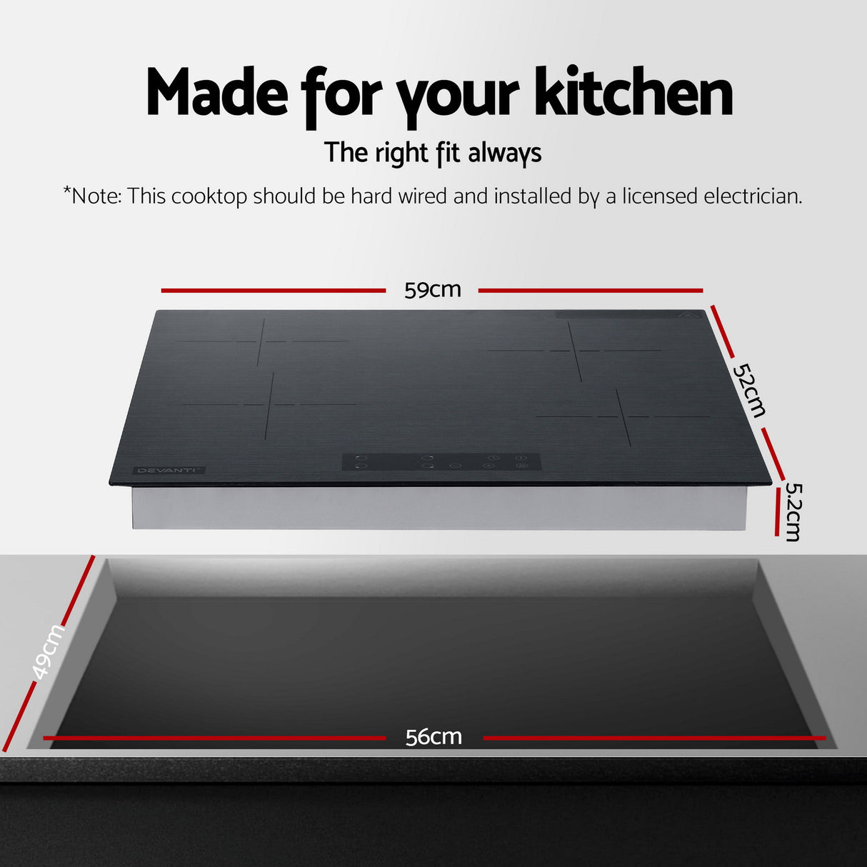 Dimension diagram for the 60 cm cooktop, cut out 56 x 49 cm