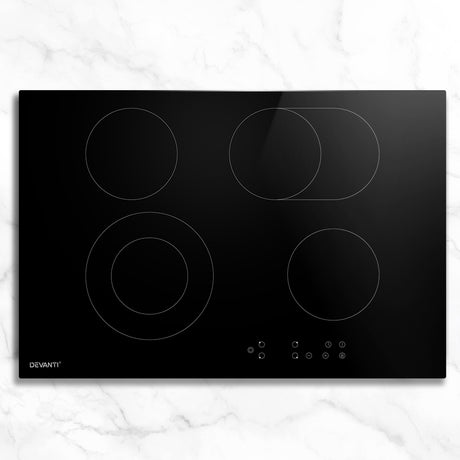 Black 77 cm ceramic cooktop with six cooking zones, top view